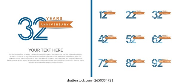 logo anniversary set. blue color with orange ribbon on white background for special event