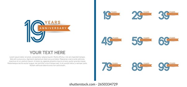 logo anniversary set. blue color with orange ribbon on white background for special event