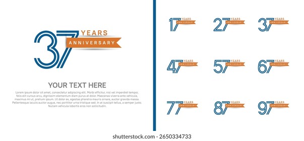 logo anniversary set. blue color with orange ribbon on white background for special event