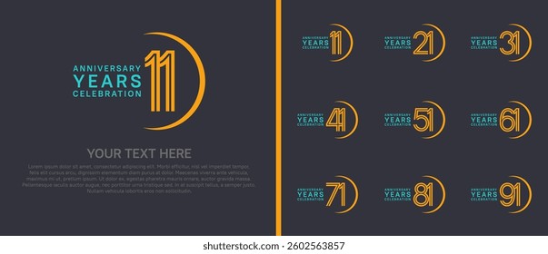 logo anniversary set. blue and yellow color with swoosh on black background for special event