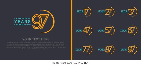 logo anniversary set. blue and yellow color with swoosh on black background for special event