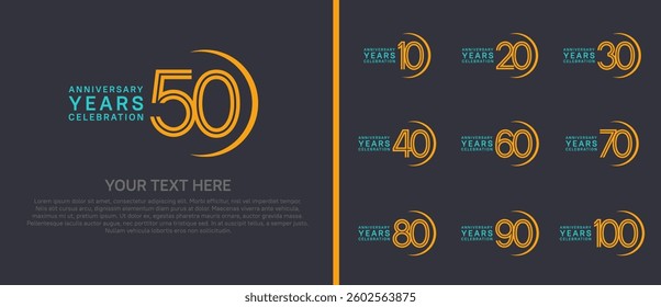 logo anniversary set. blue and yellow color with swoosh on black background for special event