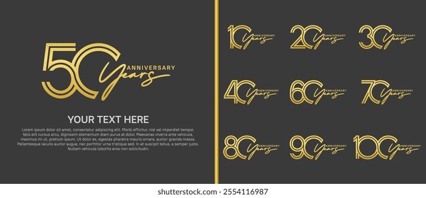 logo anniversary set. gold color with handwriting on black background for special event