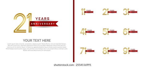 logo anniversary set. gold color with red ribbon on white background for special event