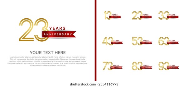 logo anniversary set. gold color with red ribbon on white background for special event