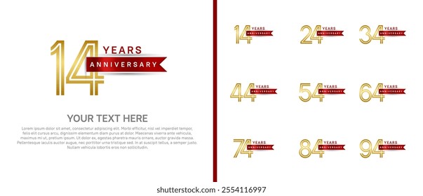 logo anniversary set. gold color with red ribbon on white background for special event