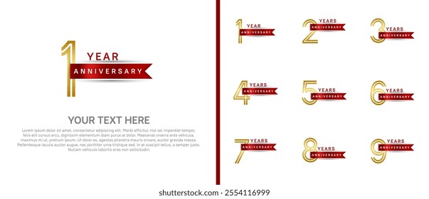 logo anniversary set. gold color with red ribbon on white background for special event