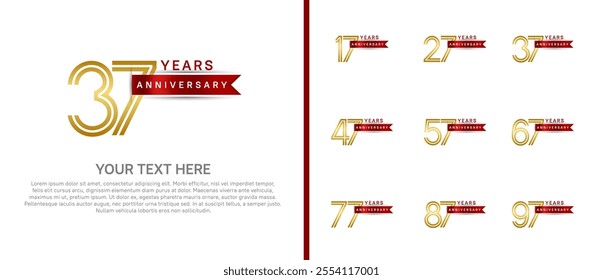 logo anniversary set. gold color with red ribbon on white background for special event