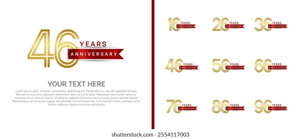 logo anniversary set. gold color with red ribbon on white background for special event