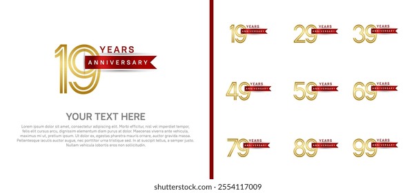 logo anniversary set. gold color with red ribbon on white background for special event