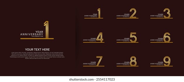 logo anniversary set. gold color with long line on red background for special event