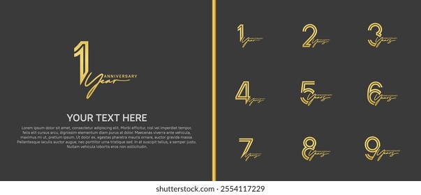 logo anniversary set. gold color with handwriting on black background for special event