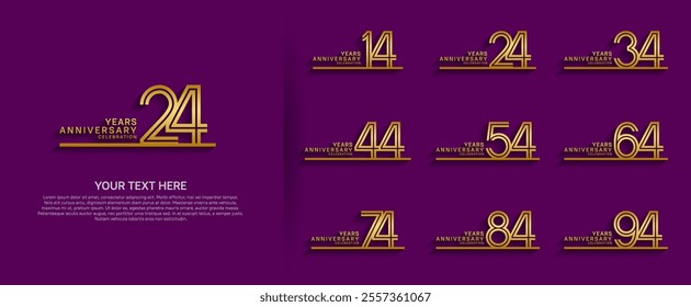 logo anniversary set. gold color with long line on purple background for special event