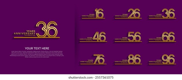 logo anniversary set. gold color with long line on purple background for special event