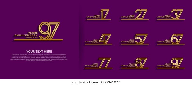 logo anniversary set. gold color with long line on purple background for special event