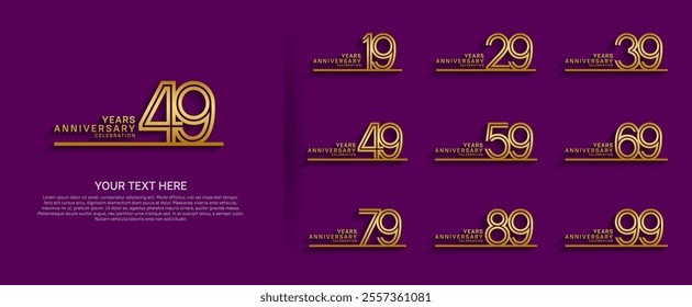 logo anniversary set. gold color with long line on purple background for special event