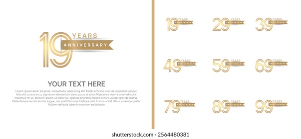 logo anniversary set. gold color with brown ribbon on white background for special event