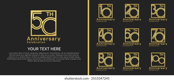 logo anniversary set. golden color with square on black background for special event