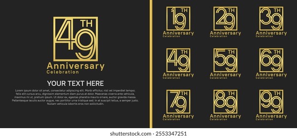 logo anniversary set. golden color with square on black background for special event