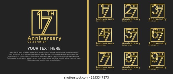 Conjunto de aniversario de logotipo. color dorado con cuadrado sobre fondo negro para eventos especiales