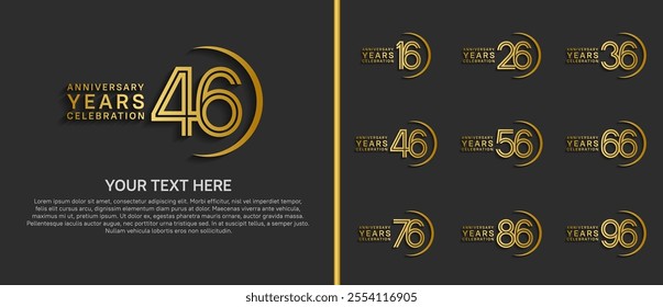 logo anniversary set. golden color with swoosh on black background for special event