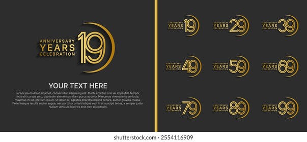 logo anniversary set. golden color with swoosh on black background for special event