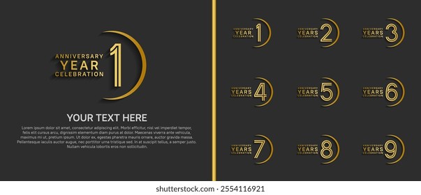 logo anniversary set. golden color with swoosh on black background for special event