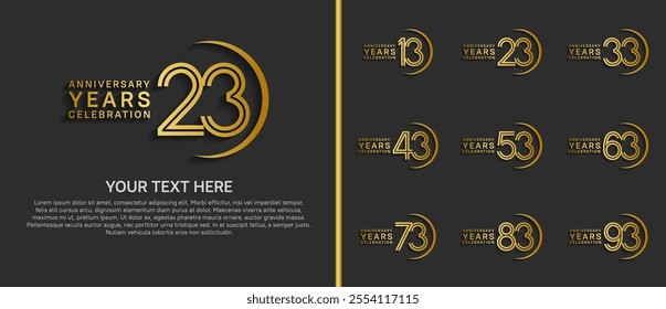 logo anniversary set. golden color with swoosh on black background for special event