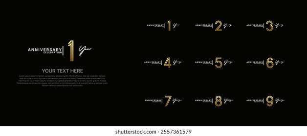 logo anniversary set. golden and silver color on black background for special event