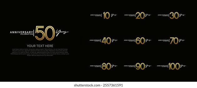 logo anniversary set. golden and silver color on black background for special event