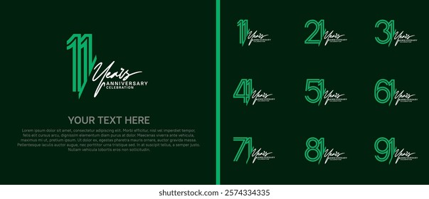 logo anniversary set. green color with white handwriting on green background for special event