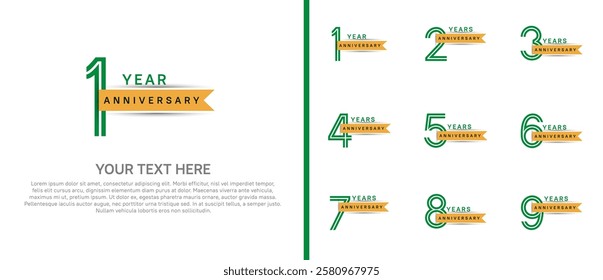 logo anniversary set. green color with yellow ribbon on white background for special event