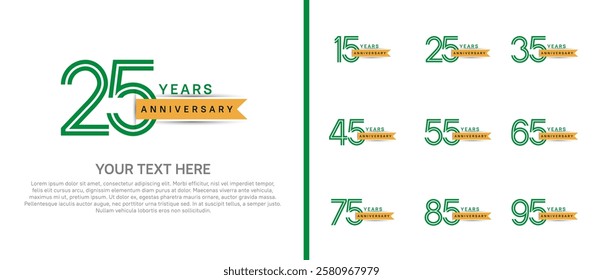 logo anniversary set. green color with yellow ribbon on white background for special event