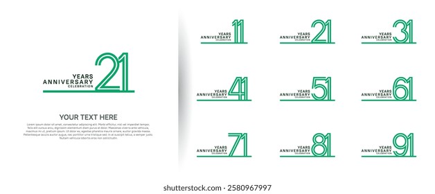 logo anniversary set. green color with long line on white background for special event
