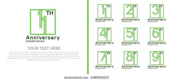 logo anniversary set. green color with square on white background for special event