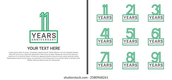 logo anniversary set. green color with square on white background for special event