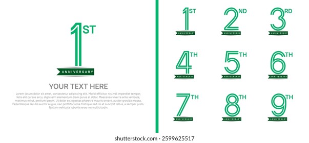 logo anniversary set. green color with ribbon on white background for special event