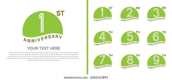 logo anniversary set. green color with half circle on white background for special event