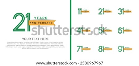 logo anniversary set. green color with yellow ribbon on white background for special event