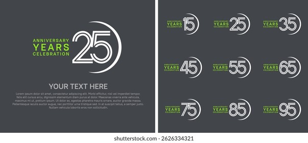 logo anniversary set. green and white color with swoosh on black background for special event