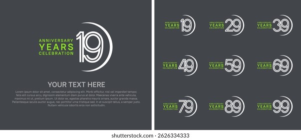 logo anniversary set. green and white color with swoosh on black background for special event