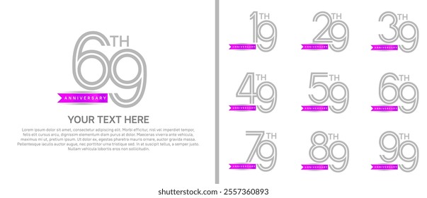 logo anniversary set. grey color with purple ribbon on white background for special event