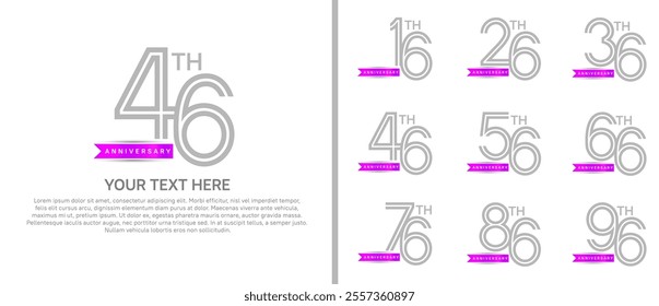 logo anniversary set. grey color with purple ribbon on white background for special event