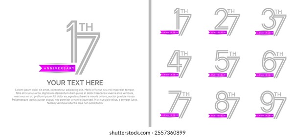 logo anniversary set. grey color with purple ribbon on white background for special event