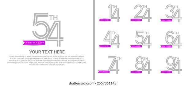 logo anniversary set. grey color with purple ribbon on white background for special event