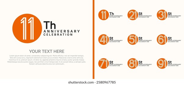 logo anniversary set. orange and black color with circle on white background for special event