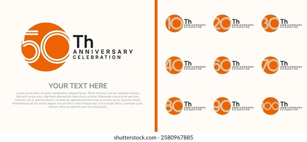 logo anniversary set. orange and black color with circle on white background for special event