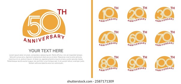 logo anniversary set. orange color with half circle on white background for special event