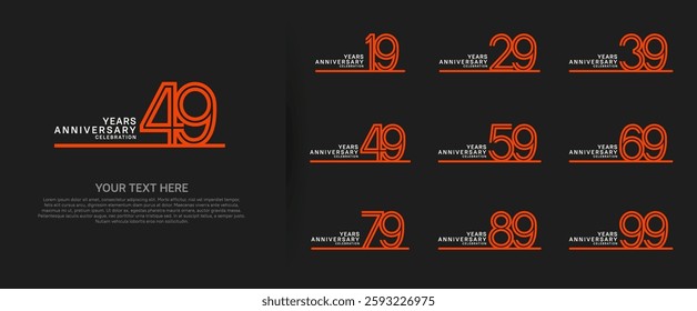 logo anniversary set. orange color with long line on black background for special event