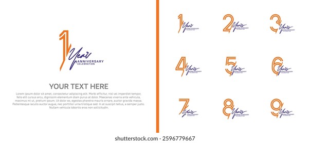 logo anniversary set. orange color with purple handwriting on white background for special event